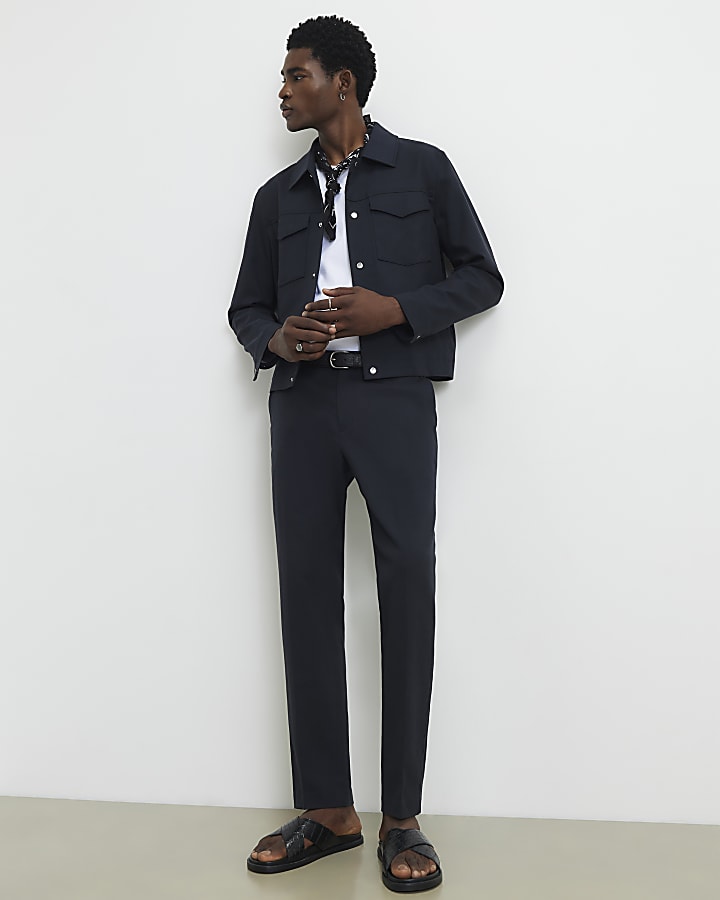 Navy Boxy Fit Linen Blend Western Jacket