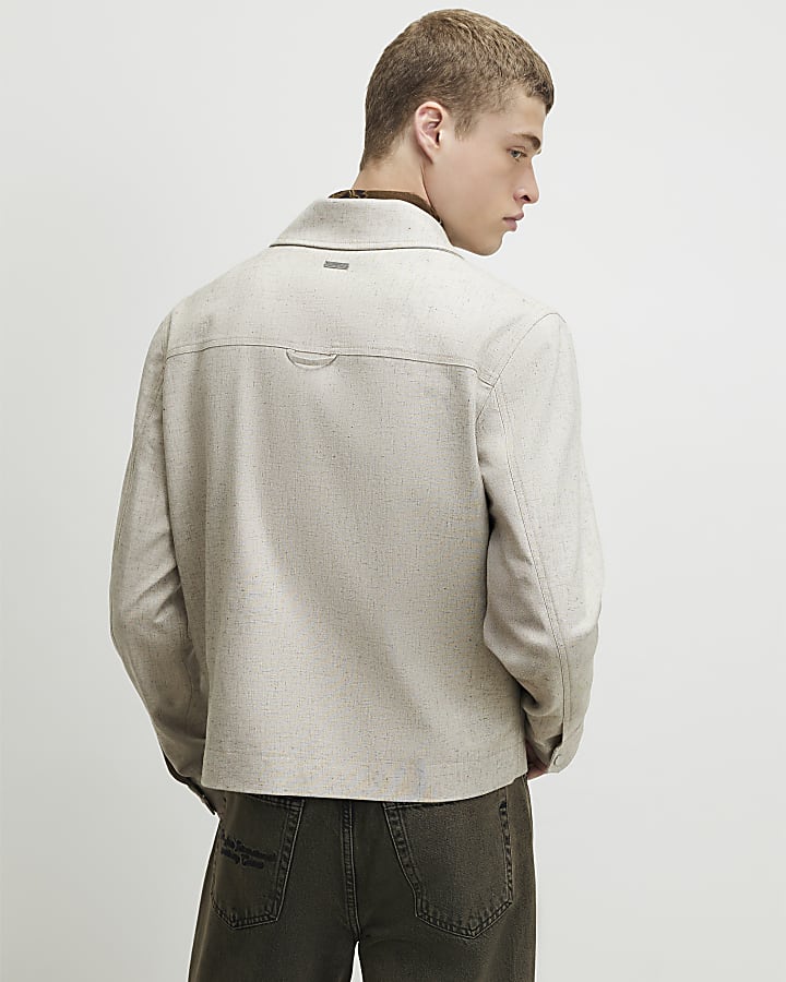 Beige Boxy Linen Blend Western Jacket
