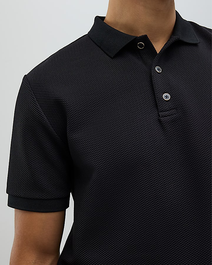 Black Slim Fit Textured Polo Shirt
