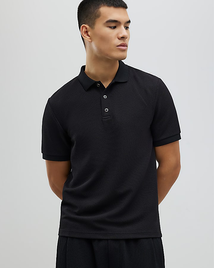 Black Slim Fit Textured Polo Shirt