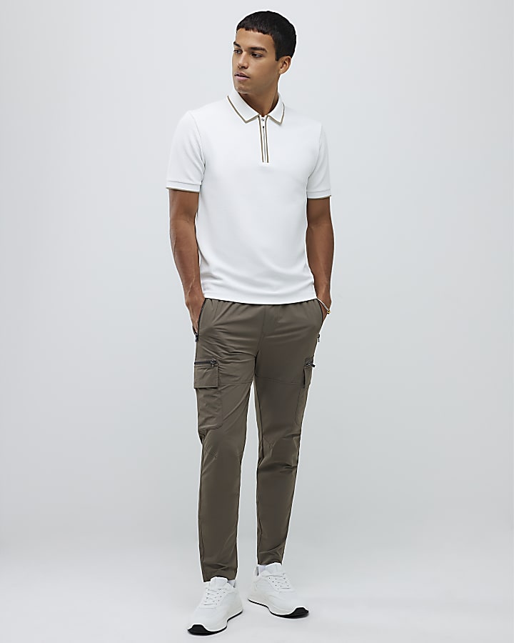 White Slim Fit Textured Zip Neck Polo Shirt