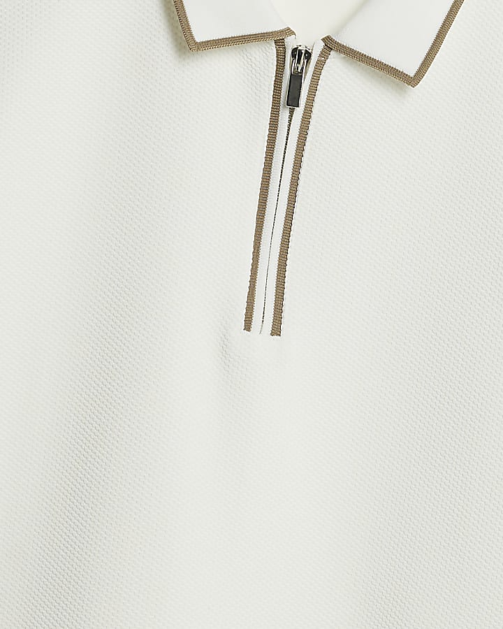 White Slim Fit Textured Zip Neck Polo Shirt