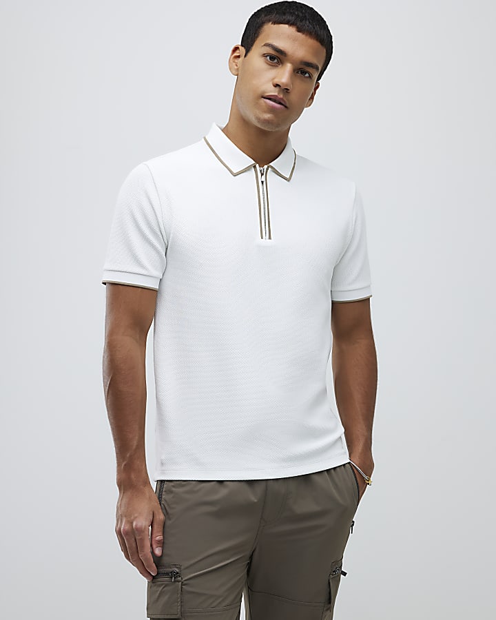 White Slim Fit Textured Zip Neck Polo Shirt