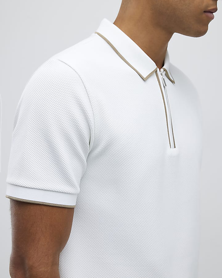 White Slim Fit Textured Zip Neck Polo Shirt