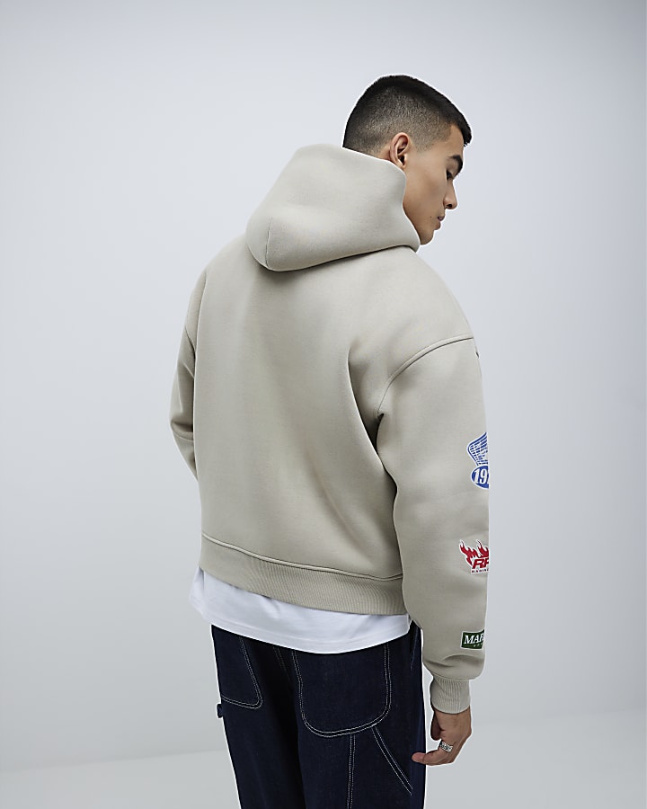 Beige Oversized Fit Multi Badging Hoodie