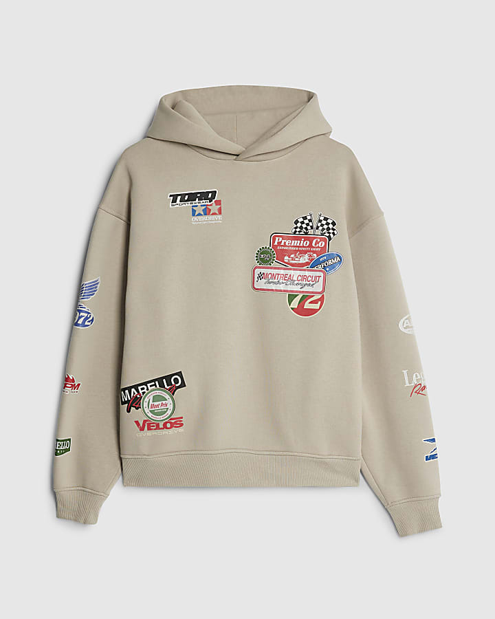 Beige Oversized Fit Multi Badging Hoodie