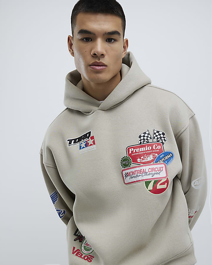 Beige Oversized Fit Multi Badging Hoodie