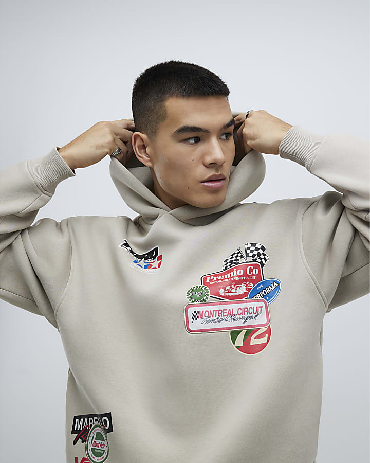 Beige Oversized Fit Multi Badging Hoodie