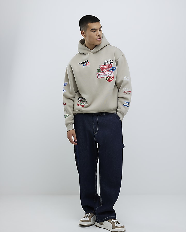 Beige Oversized Fit Multi Badging Hoodie