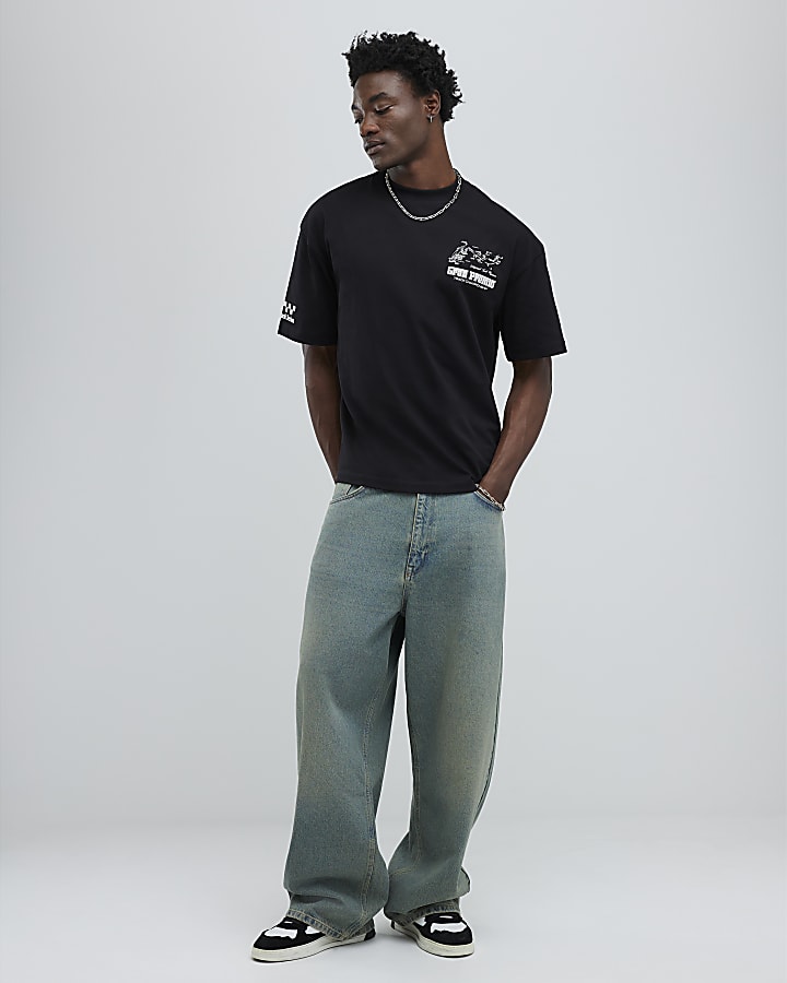 Black Oversized Fit Motorsport Logos T-Shirt