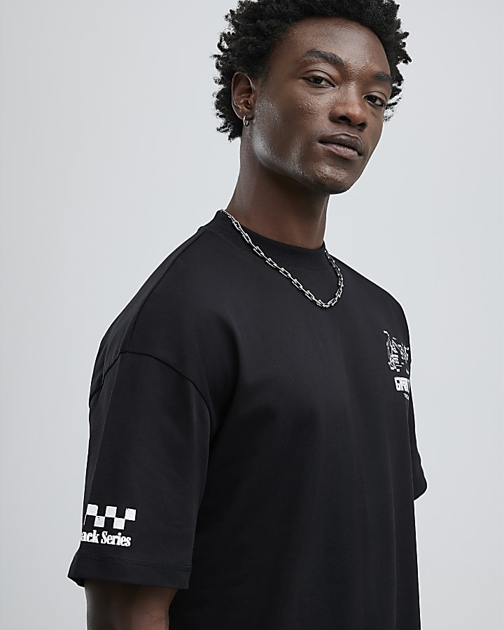 Black Oversized Fit Motorsport Logos T-Shirt