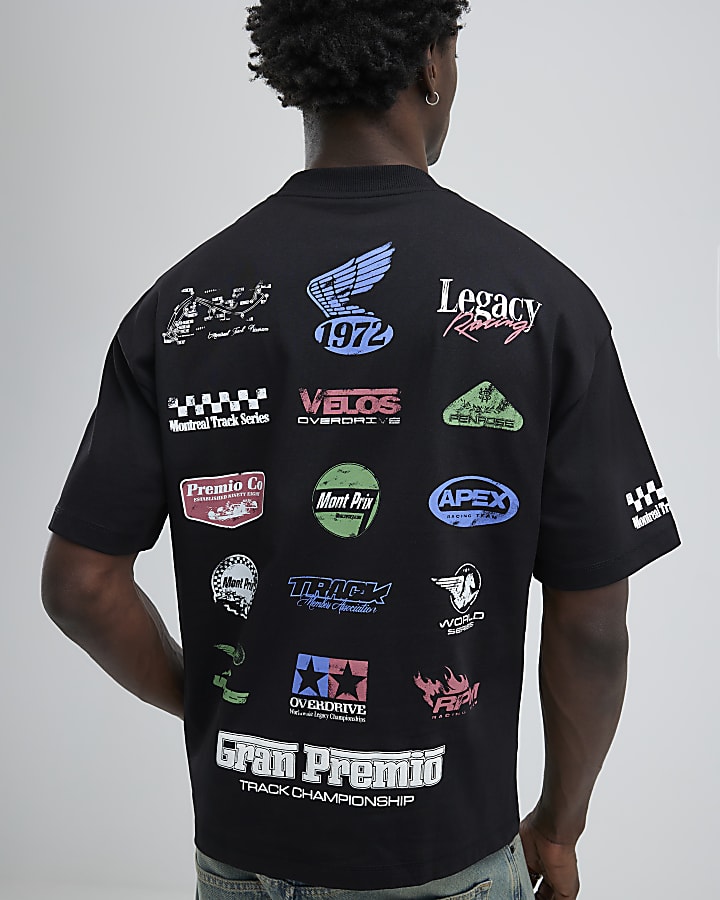 Black Oversized Fit Motorsport Logos T-Shirt