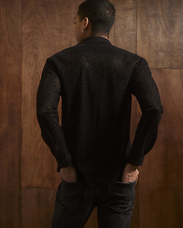 Black Slim Fit Velvet Leopard Shirt