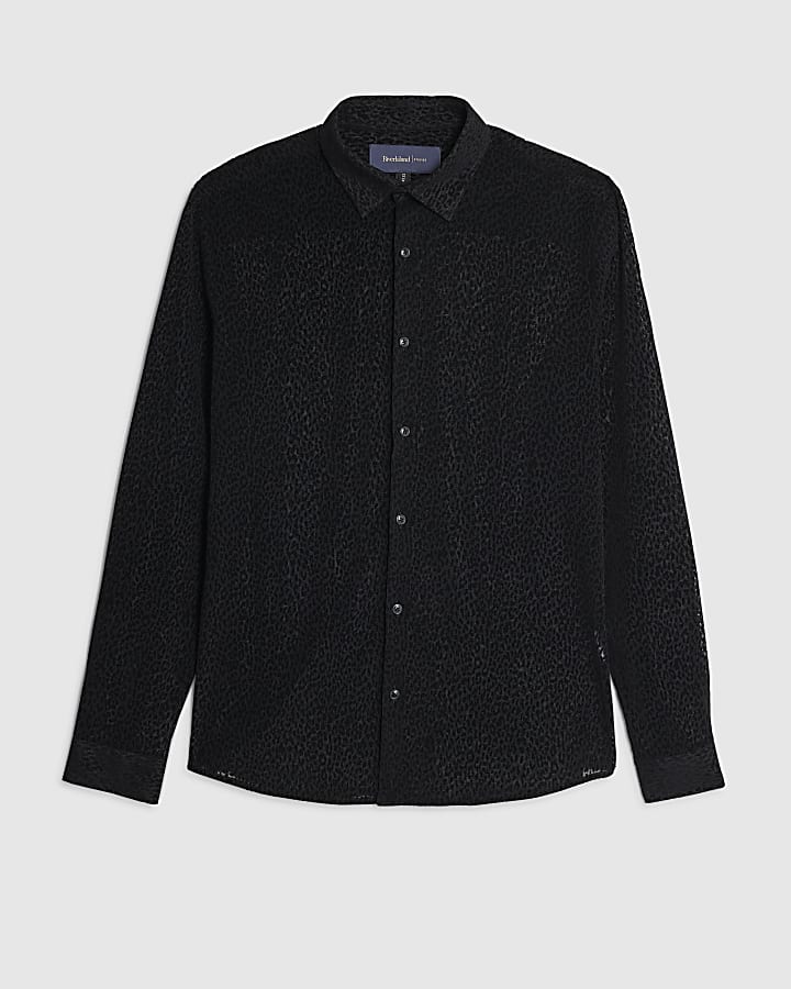 Black Slim Fit Velvet Leopard Shirt