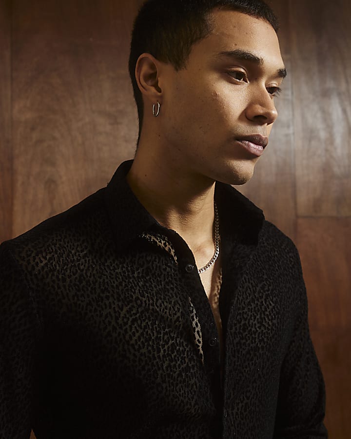 Black Slim Fit Velvet Leopard Shirt
