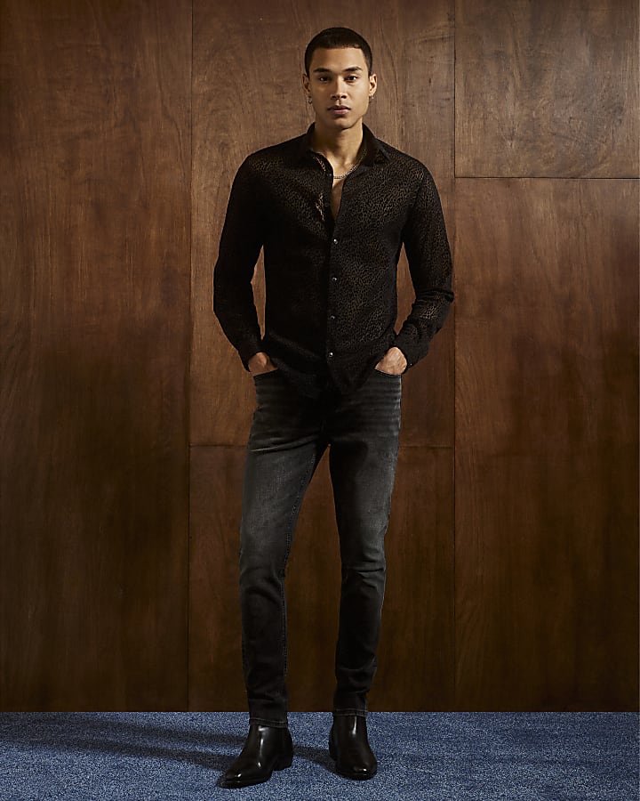 Black Slim Fit Velvet Leopard Shirt