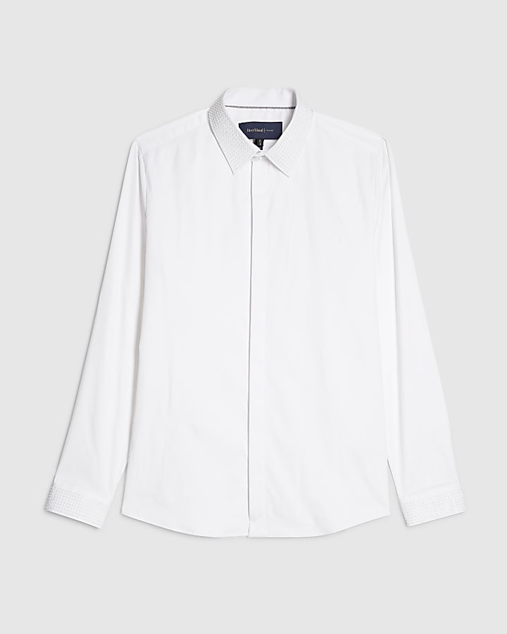 White Slim Fit Glitter Collar Shirt