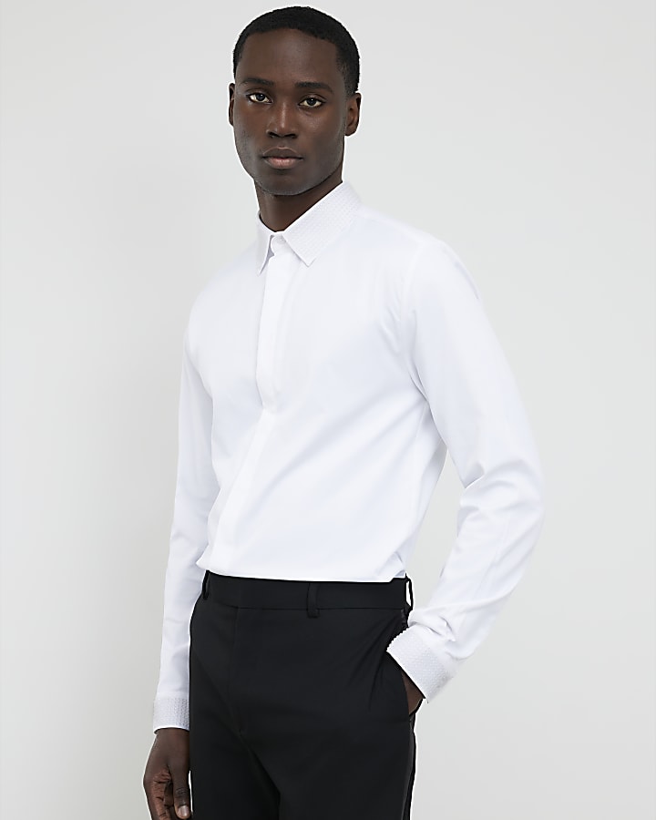 White Slim Fit Glitter Collar Shirt