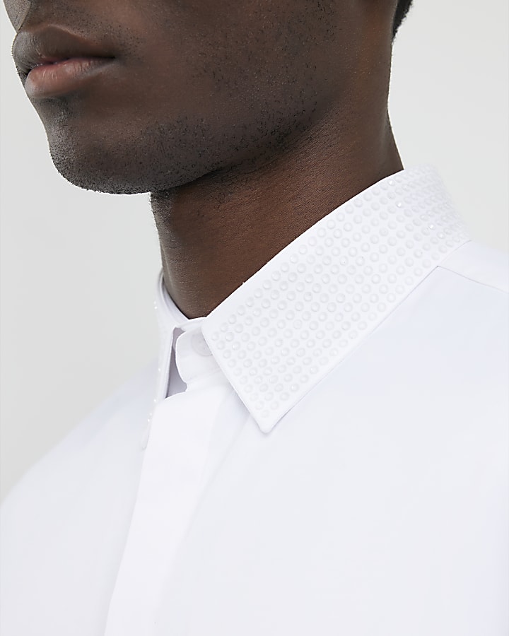White Slim Fit Glitter Collar Shirt