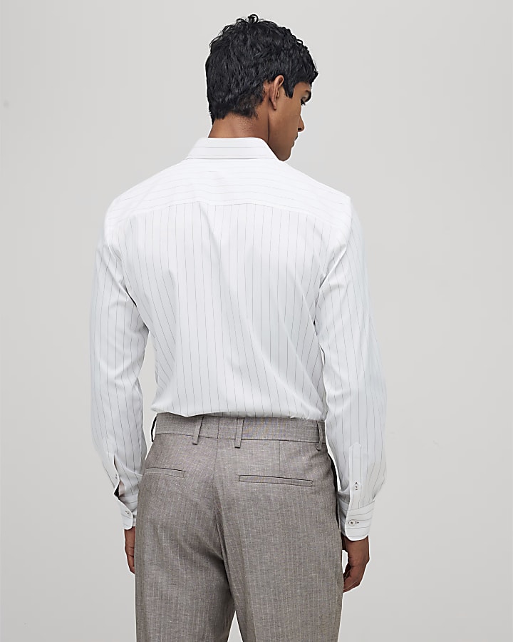 White Slim Fit Taupe Stripe Shirt