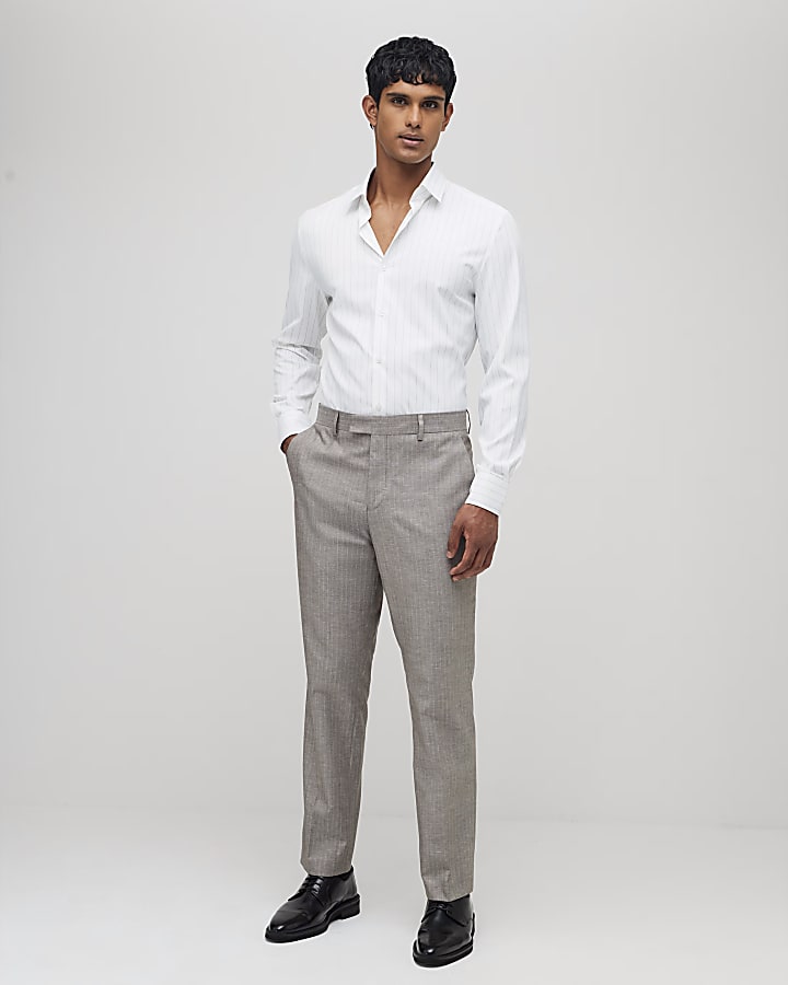White Slim Fit Taupe Stripe Shirt