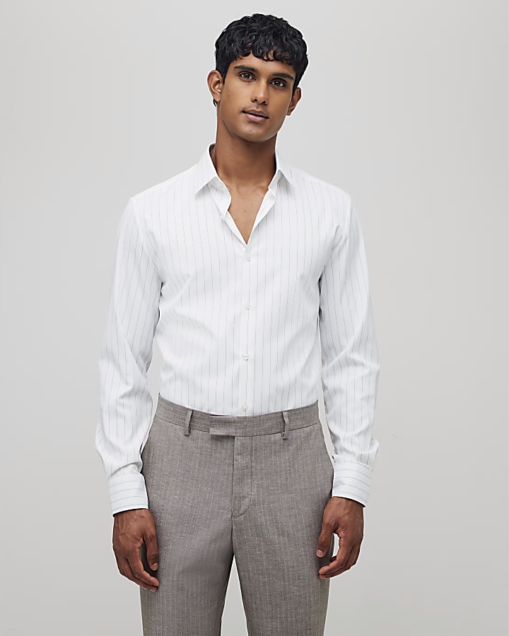 White Slim Fit Taupe Stripe Shirt
