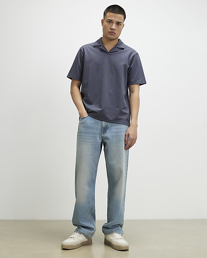 Blue Regular Fit Open Collar Shirt Set