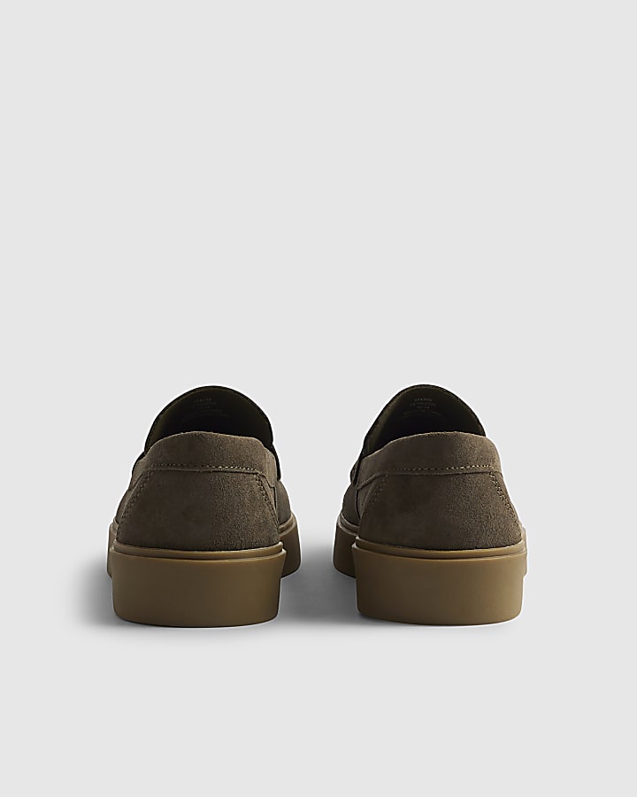 Khaki Suede Buckle Loafers