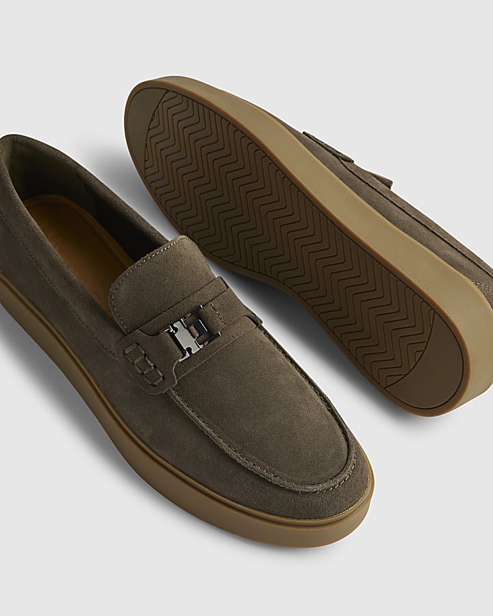 Khaki Suede Buckle Loafers
