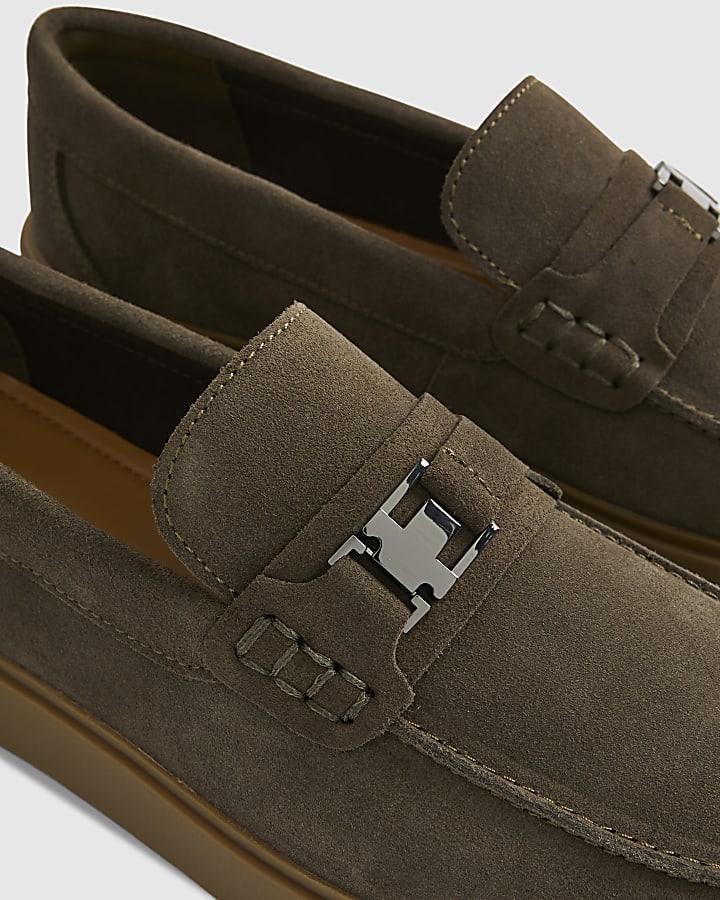 Khaki Suede Buckle Loafers