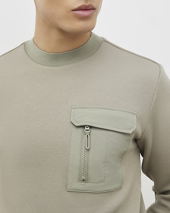 Khaki Slim Fit Nylon Pocket Sweatshirt