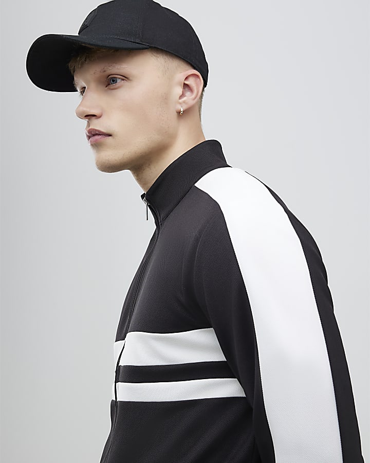 Black Slim Fit Stripe Funnel Neck Jacket