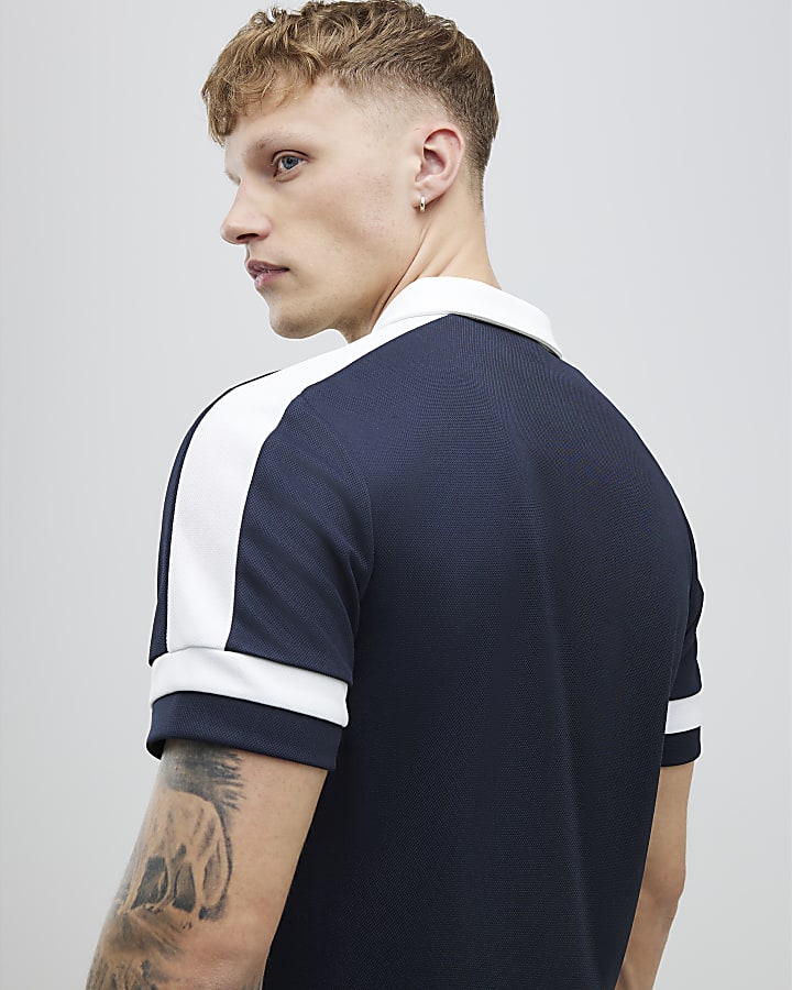 Navy Slim Fit Pique Colour Block Polo Shirt