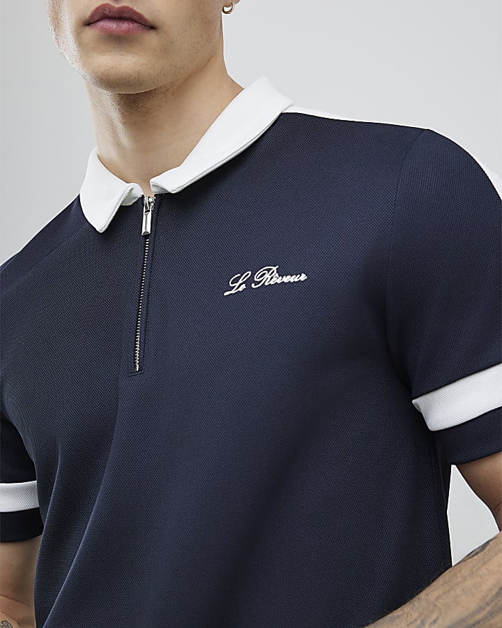 Navy Slim Fit Pique Colour Block Polo Shirt