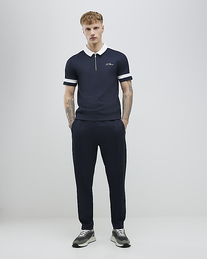 Navy Slim Fit Pique Colour Block Polo Shirt