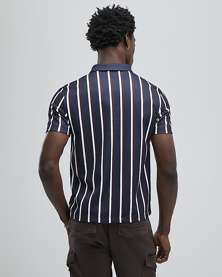 Navy Slim Fit Pique Stripe Polo Shirt