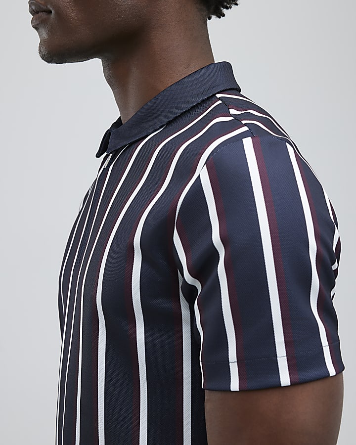 Navy Slim Fit Pique Stripe Polo Shirt