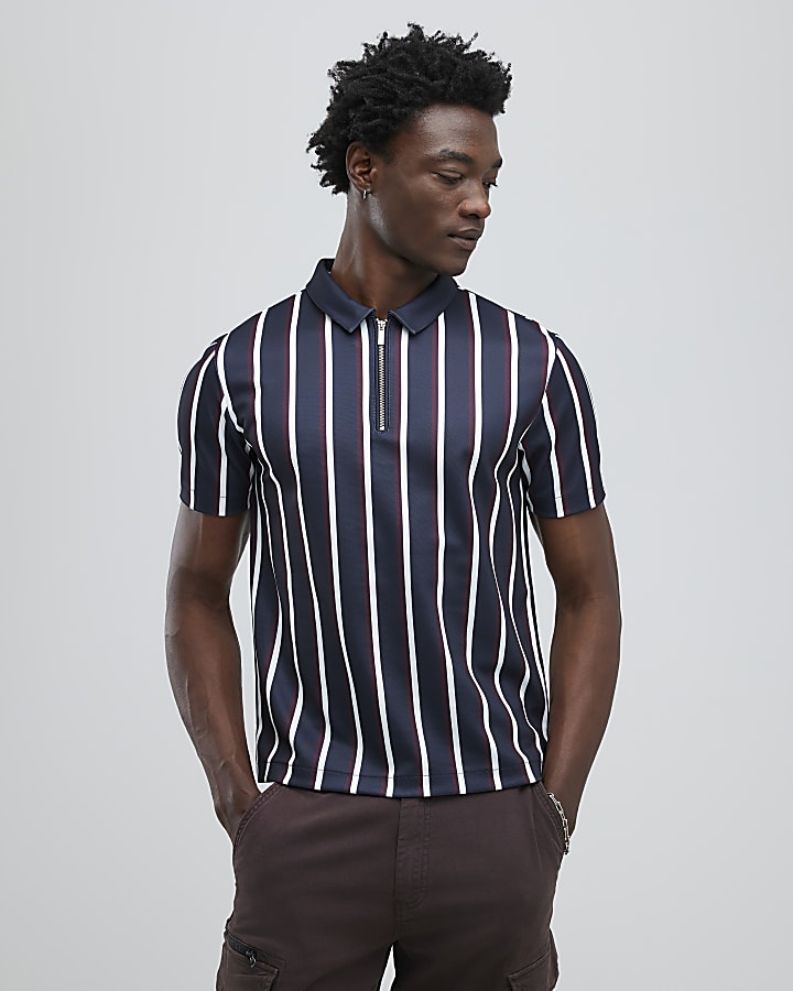 Navy Slim Fit Pique Stripe Polo Shirt