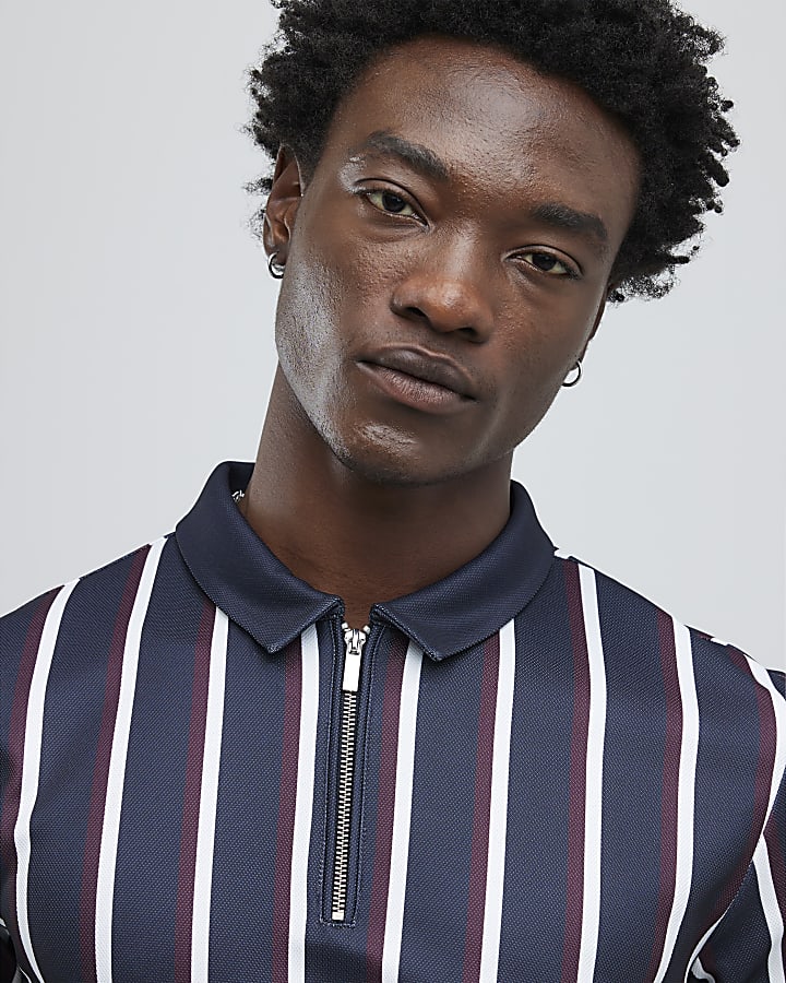 Navy Slim Fit Pique Stripe Polo Shirt