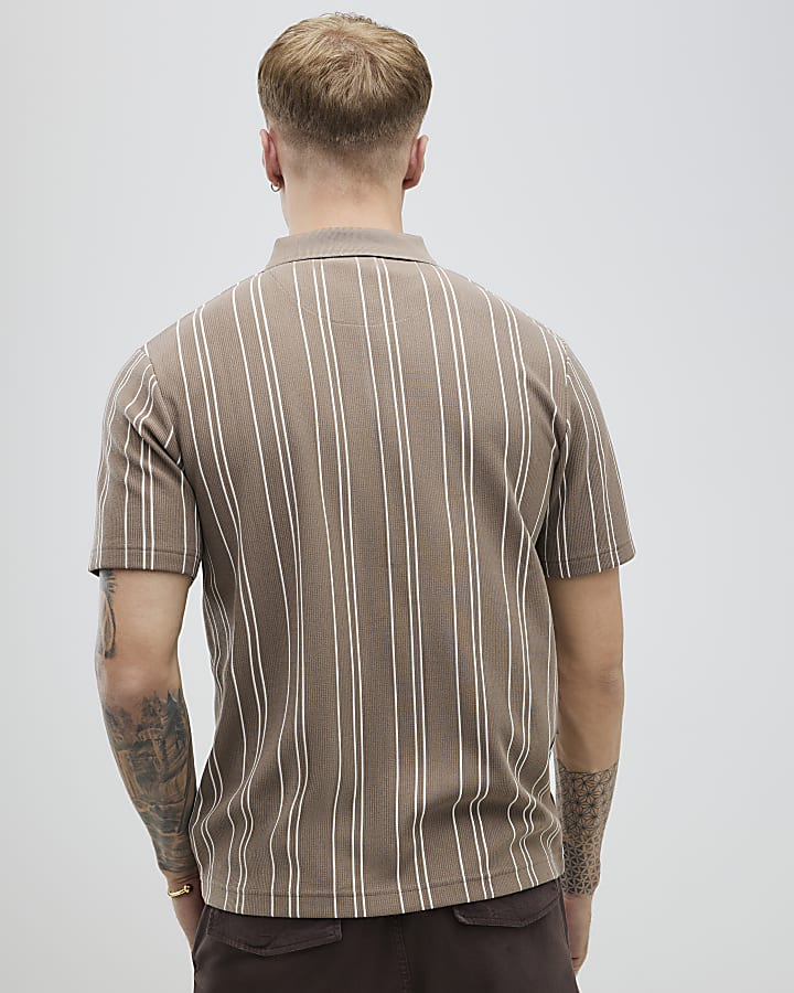 Beige Slim Fit Stripe Polo Shirt