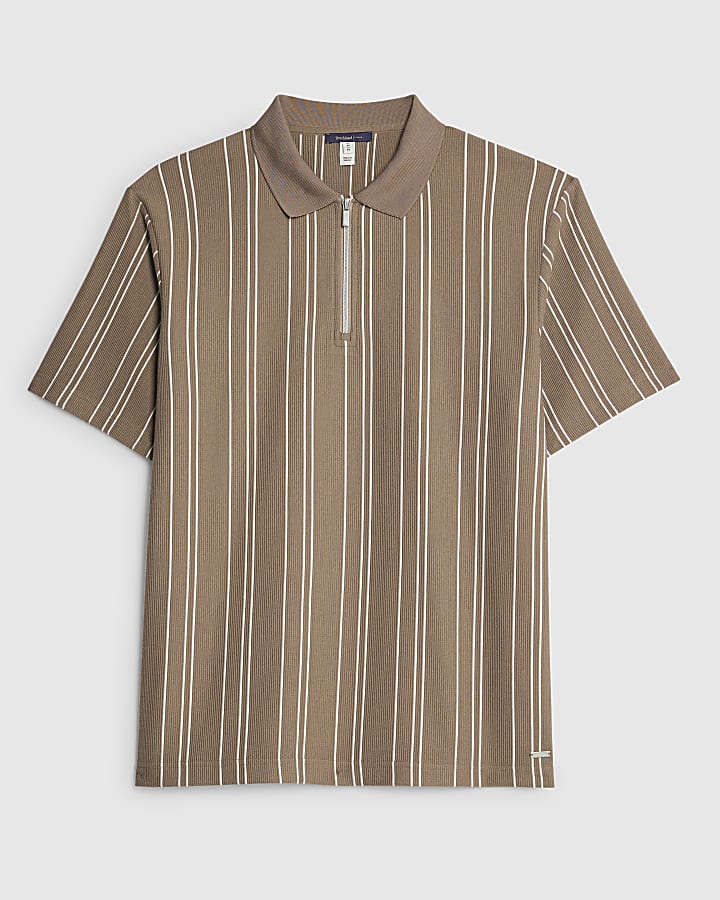 Beige Slim Fit Stripe Polo Shirt