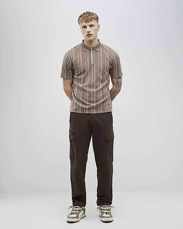 Beige Slim Fit Stripe Polo Shirt