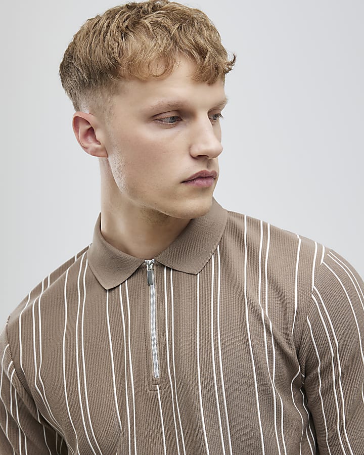 Beige Slim Fit Stripe Polo Shirt