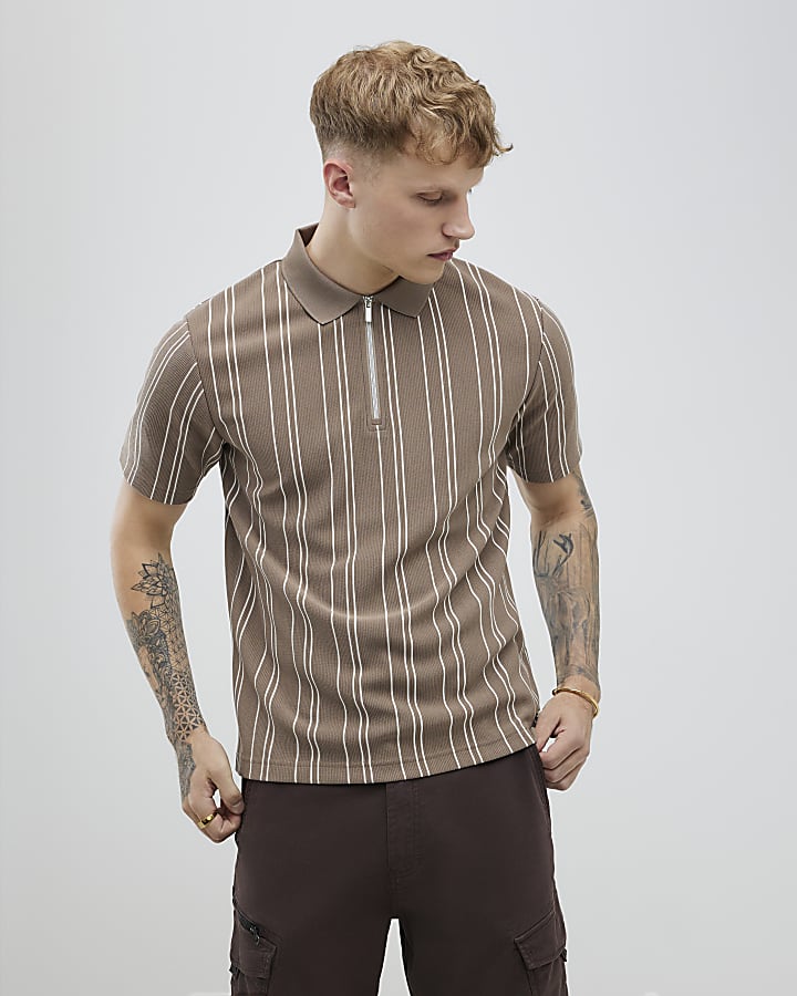 Beige Slim Fit Stripe Polo Shirt