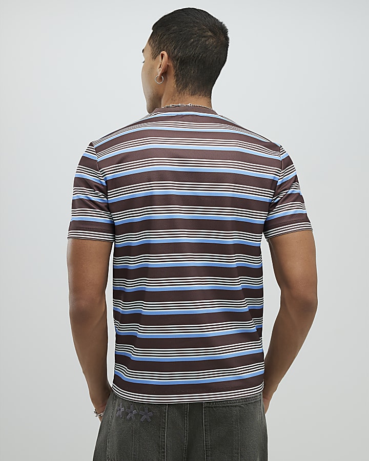 Brown Slim Fit Pique Stripe T-Shirt