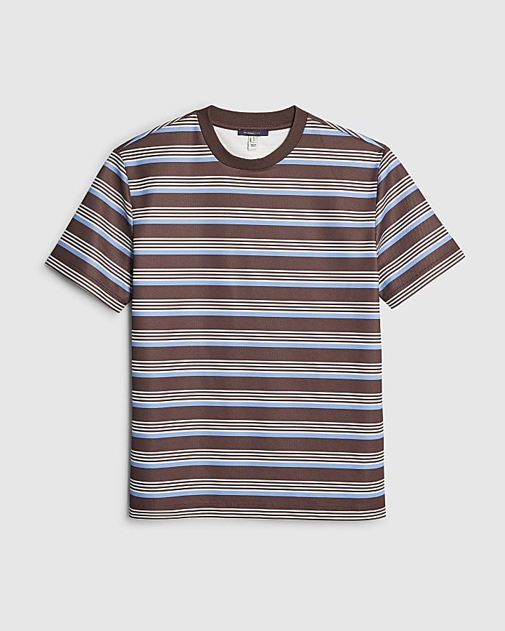 Brown Slim Fit Pique Stripe T-Shirt