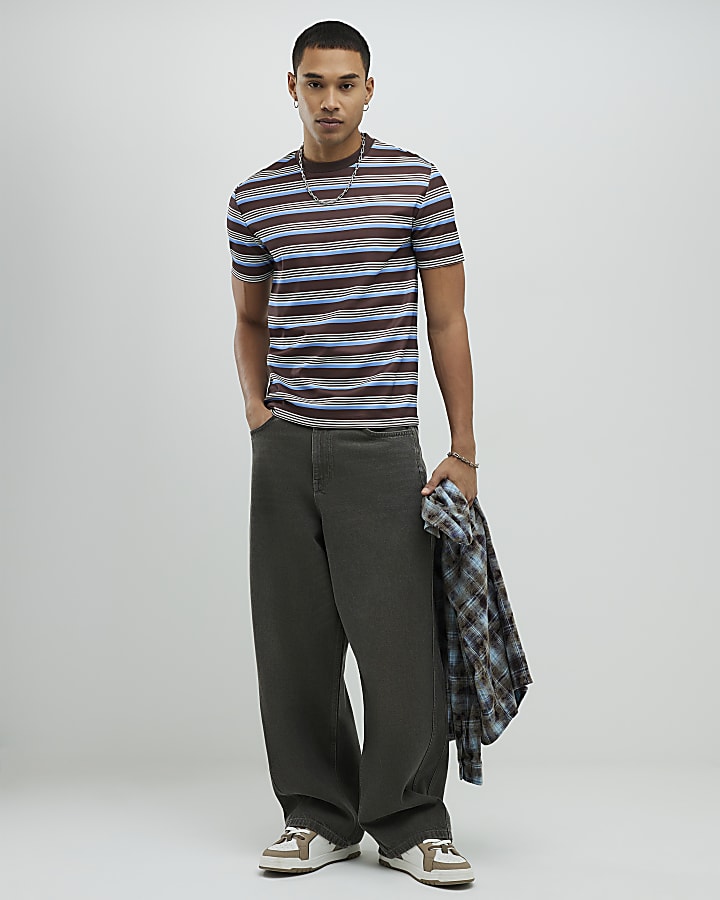 Brown Slim Fit Pique Stripe T-Shirt