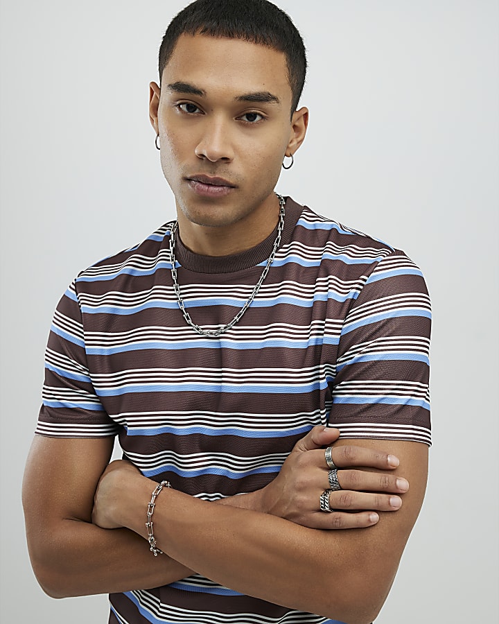 Brown Slim Fit Pique Stripe T-Shirt