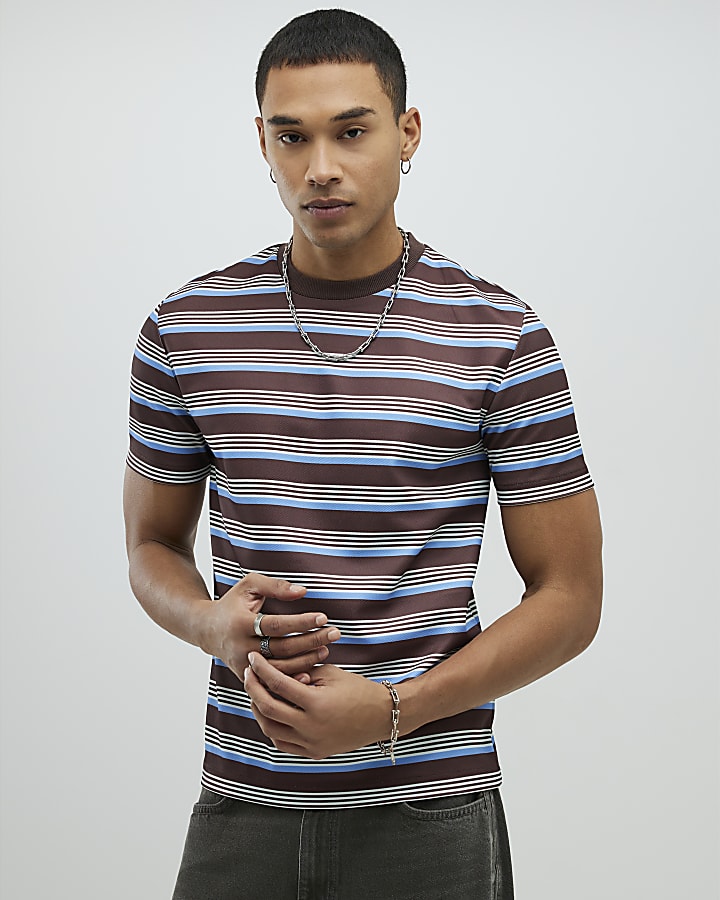 Brown Slim Fit Pique Stripe T-Shirt