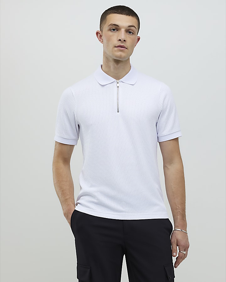 White Slim Fit Zip Polo Shirt